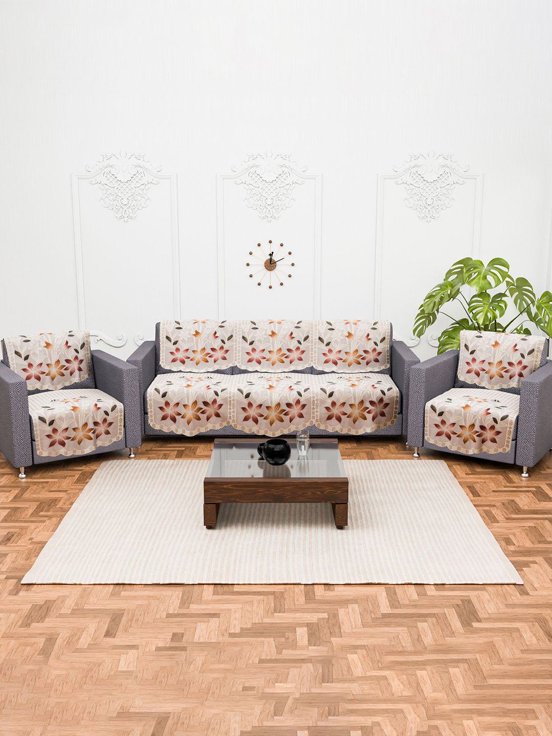 Kuber Industries Cream-Coloured Set of 10 Floral Pure Cotton Five Seater Sofa Covers