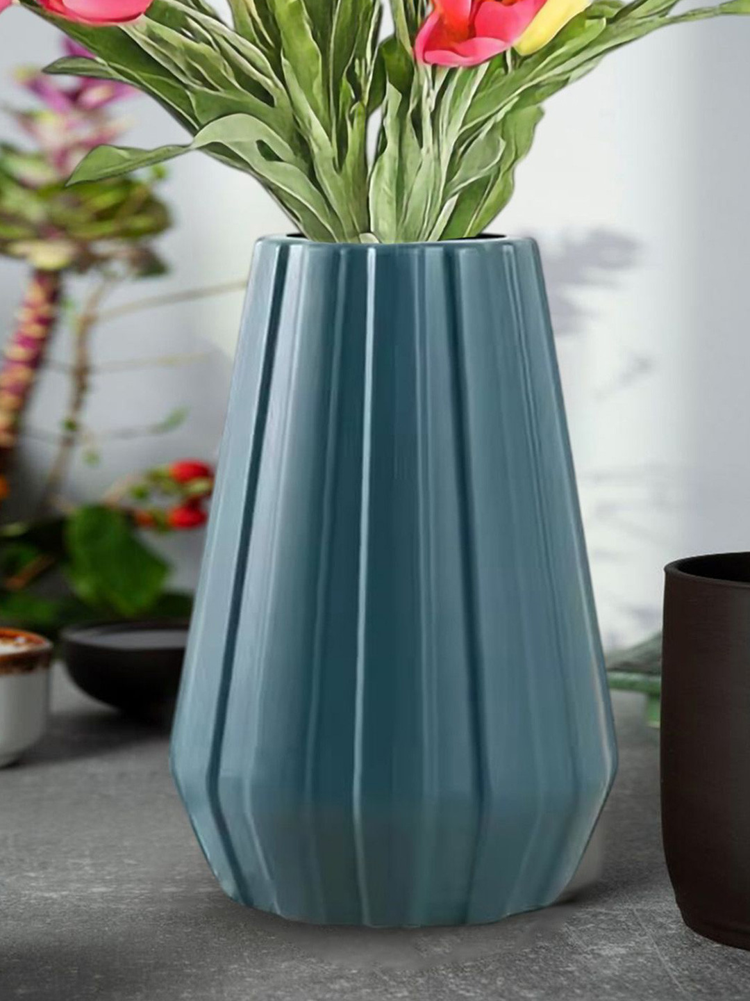 DecorTwist Blue Plastic Flower Vases for Home Decor (Pack of 1)