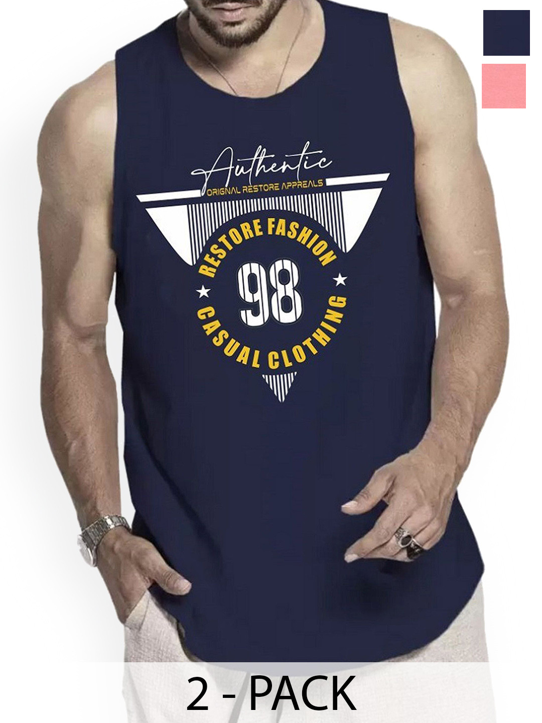 WOOSTRO Pack Of 2 Printed Combed Cotton Gym Vest RS26 CMB (HARD PEACH) (98 NAVY)