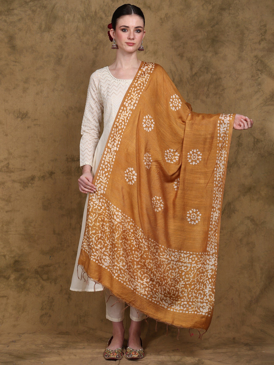 Exotic India Batik Printed Chakra Pattern Art Silk Dupatta