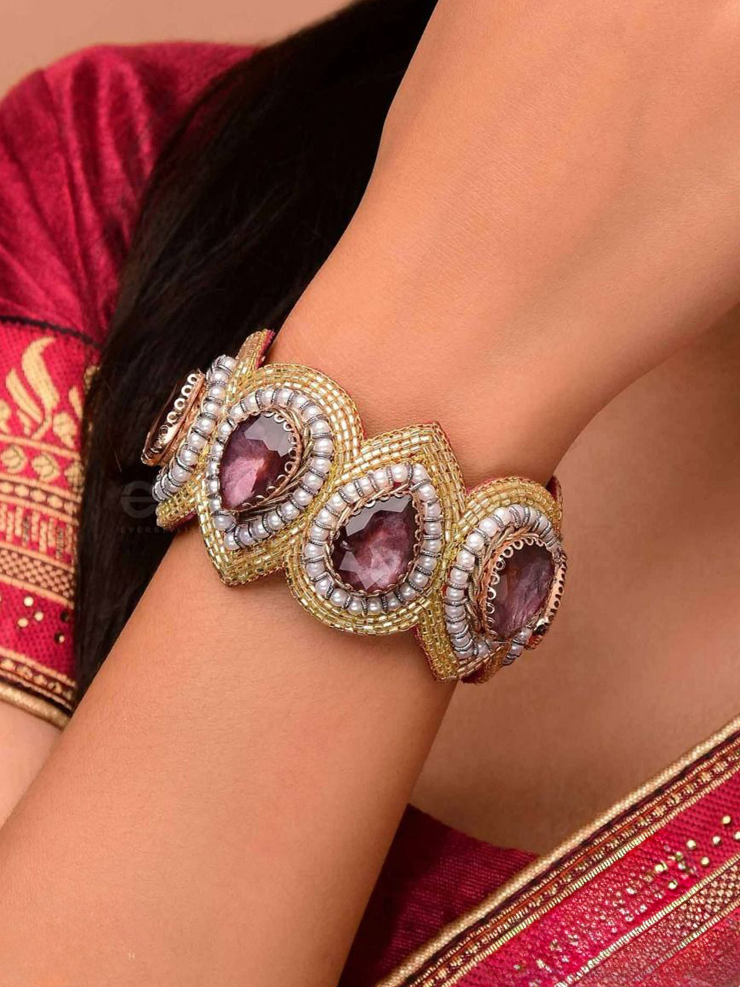 EVERSTYLISH Sanjoya Stone, Beads & Cutdana Embroidered Cuff Bracelet