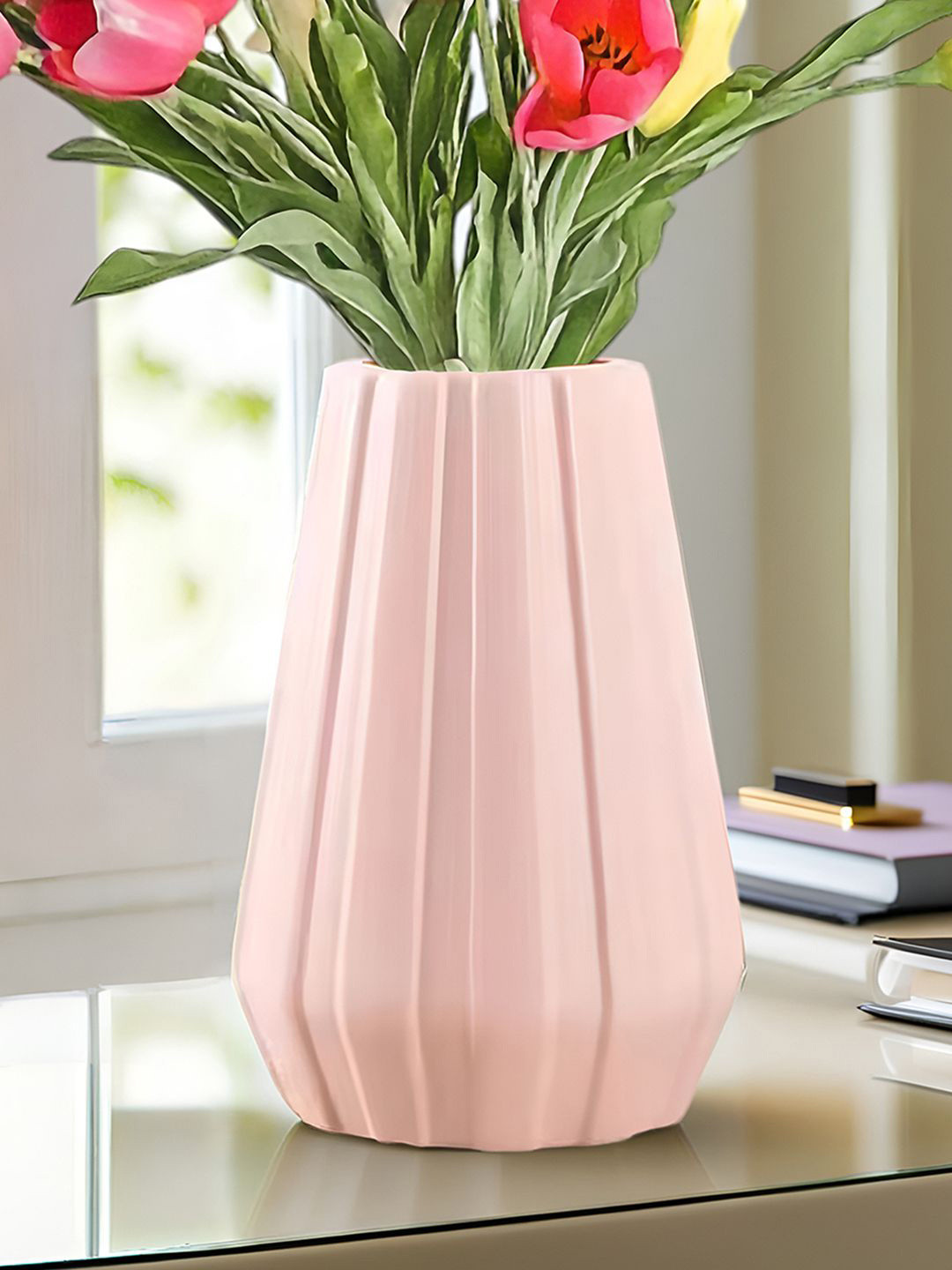 DecorTwist Pink Plastic Flower Vases for Home Decor (Pack of 3