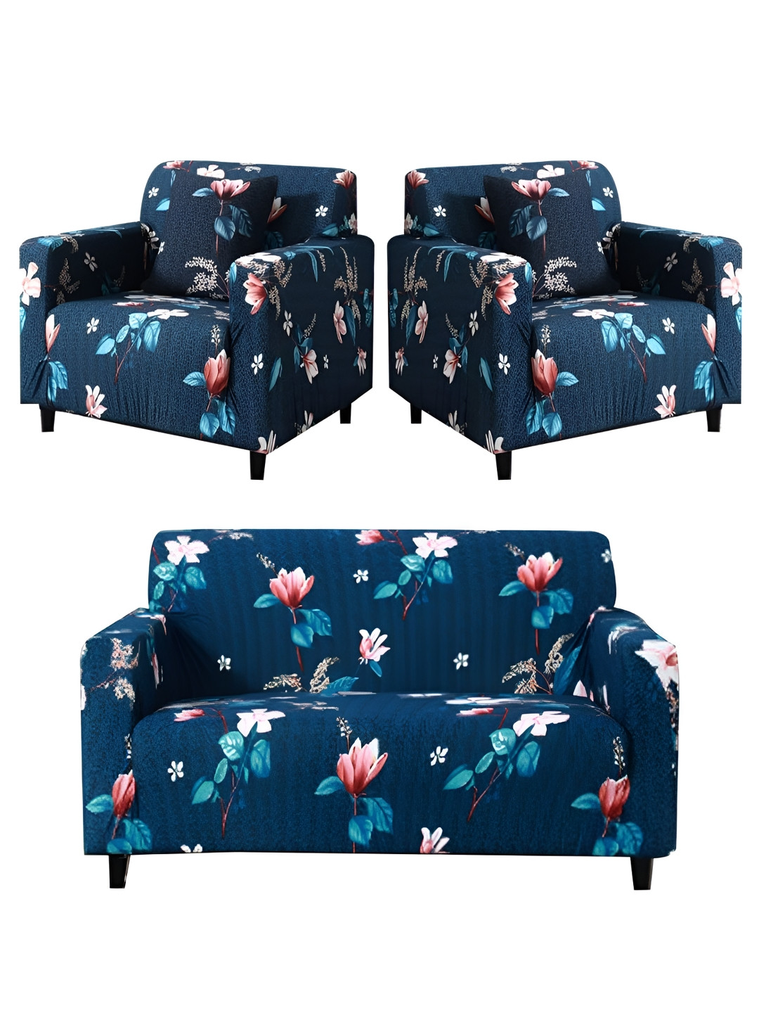 KriShyam Blue and Pink 3 Pieces Floral Printed 5 Seater Sofa Covers with Arms