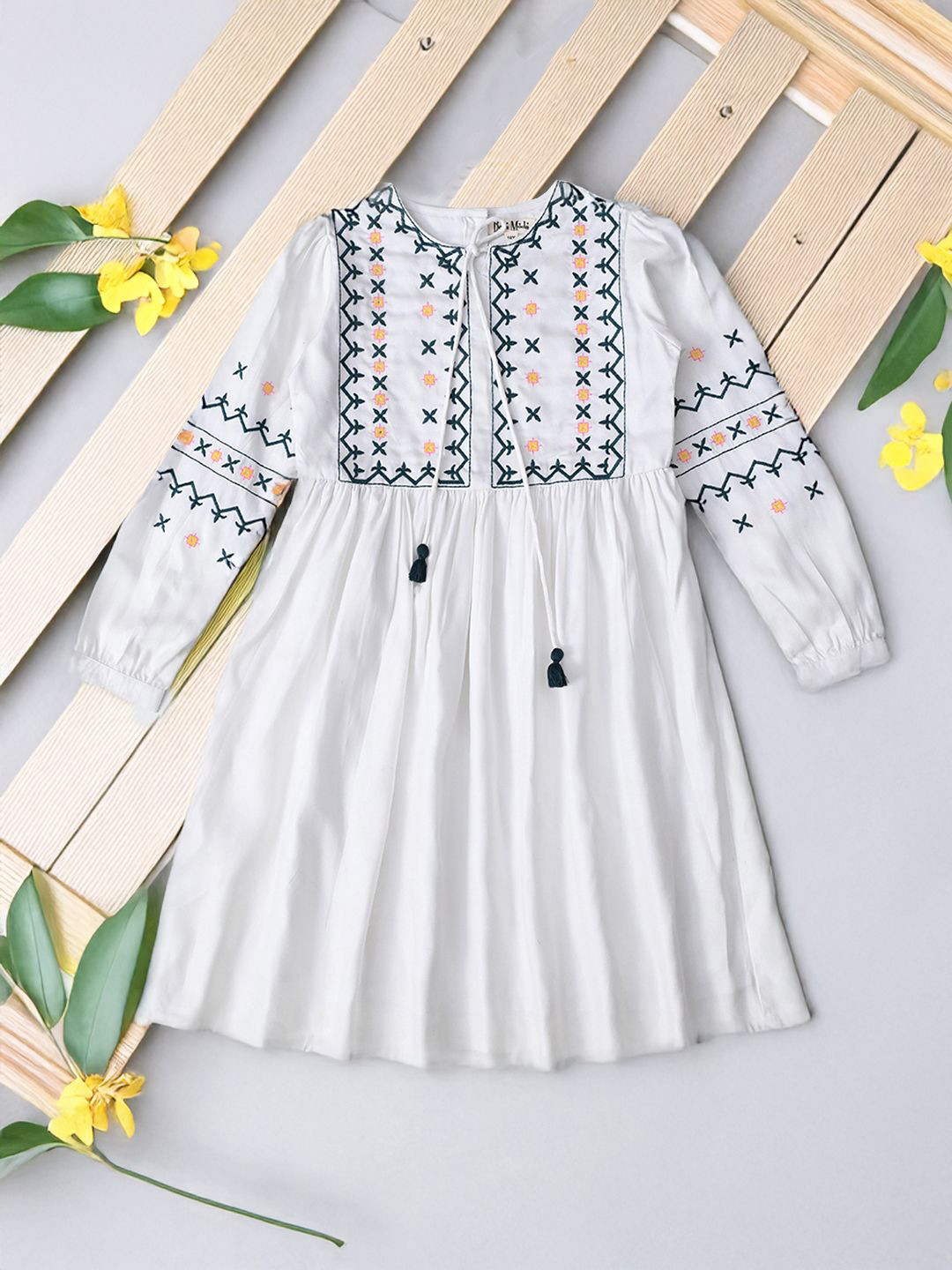 Bella Moda Girls Floral Embroidered Cuffed Sleeve Cotton Fit & Flare Dress