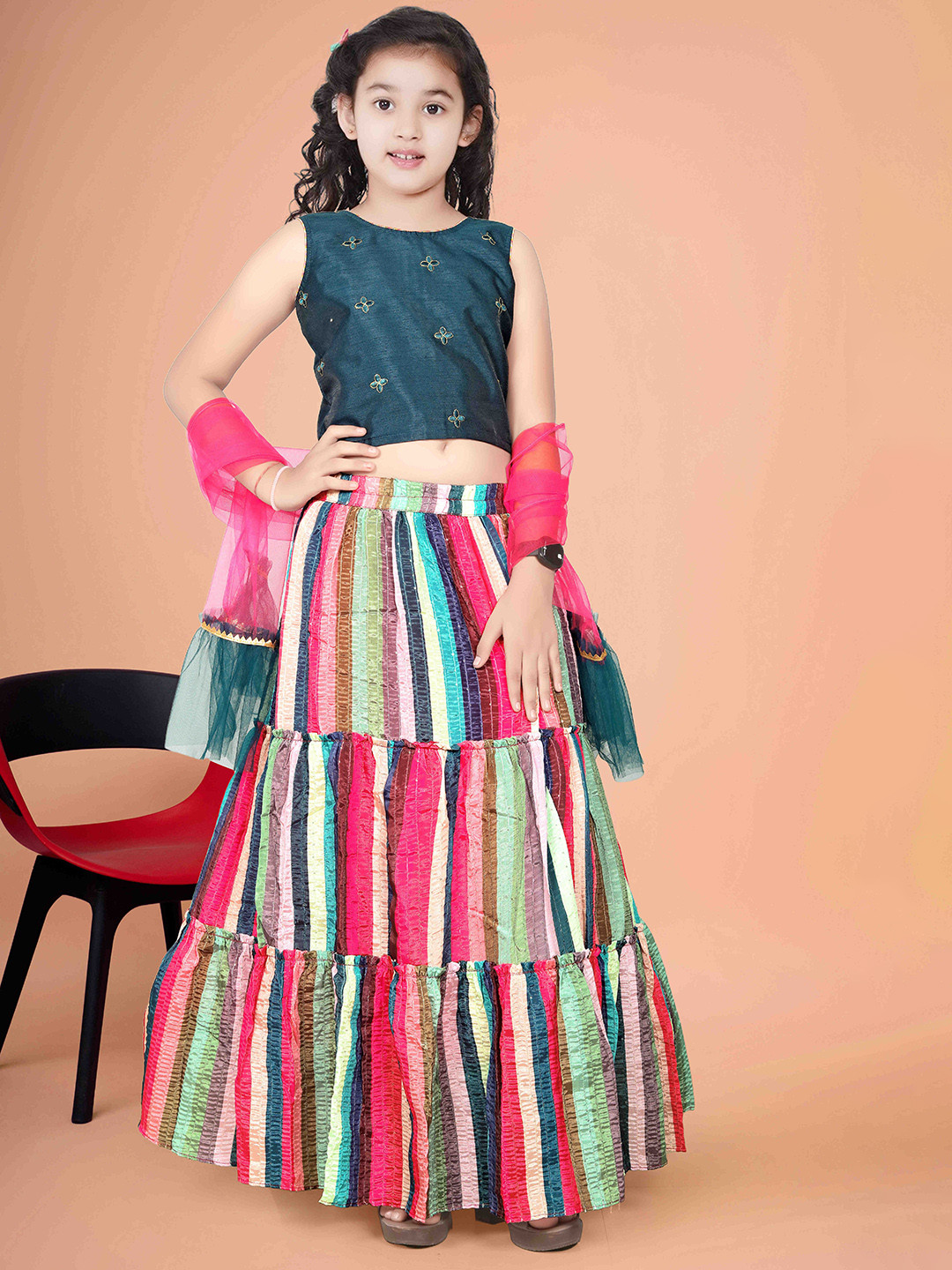 Angel F Studio Girls Embroidered Thread Work Ready to Wear Lehenga & Blouse With Dupatta