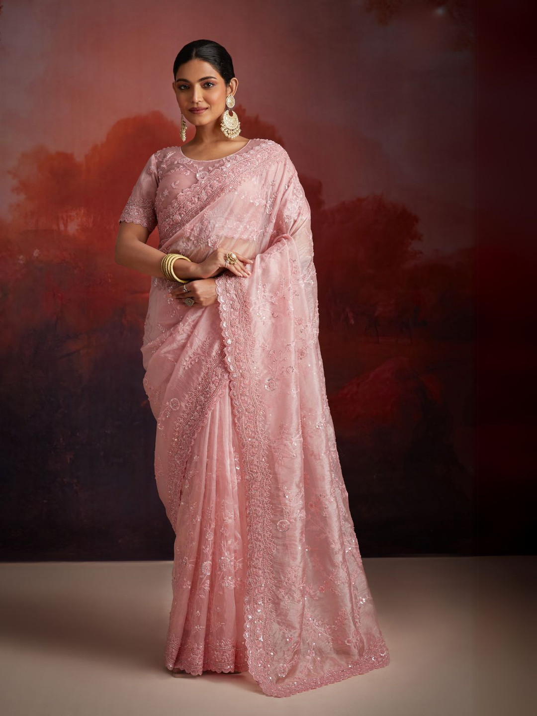 ODETTE Pink Organza Embellished Saree For Women