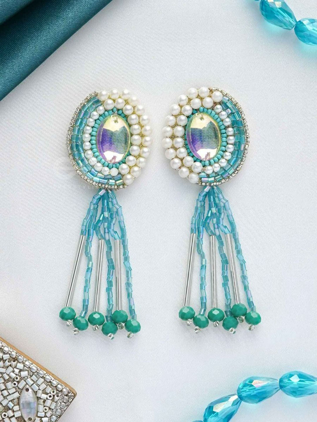 EVERSTYLISH Sanjoya Stone, Pearls & Beads Embroidered Arctic Blue Earrings