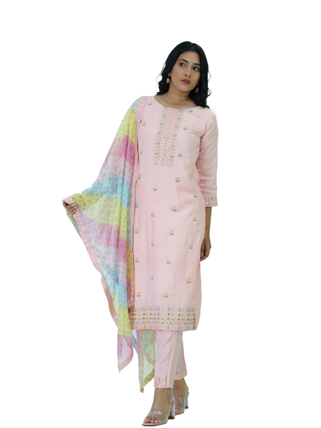 Silselah Floral Embroidered Mirror Work Pure Silk Straight Kurta With Trousers And Dupatta