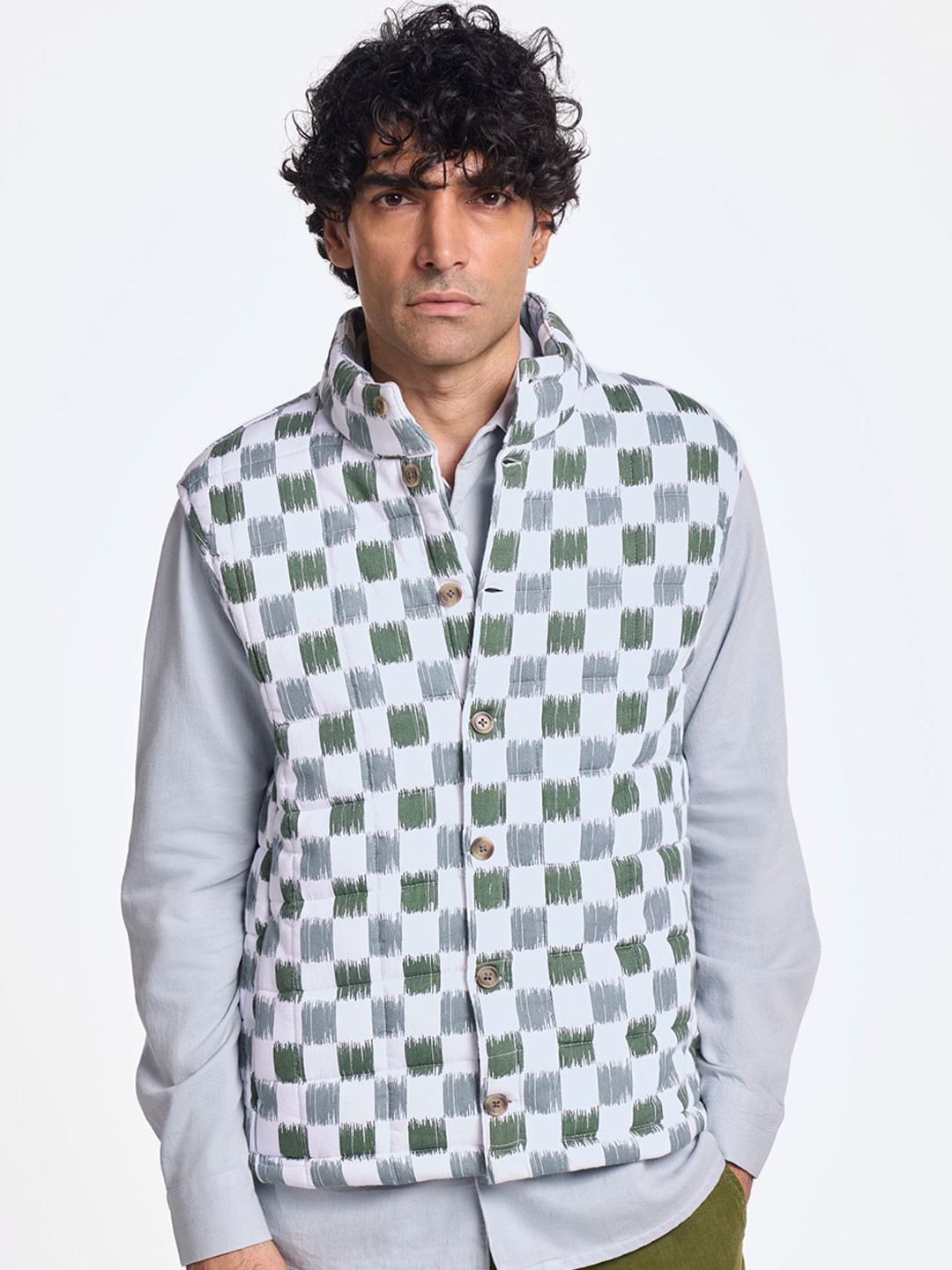 Terra Luna Men Mandarin Collar Checked Cotton Casual Gilet Jacket