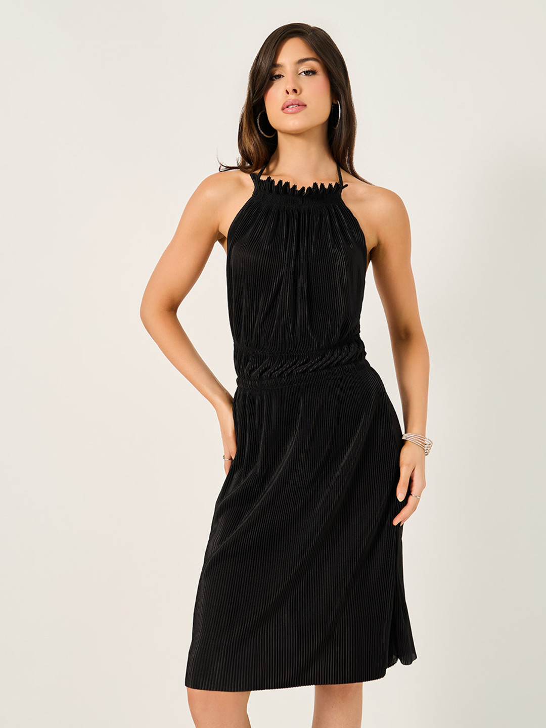 Styli Halter Neck Plisse Sleeveless A-Line Mini Dress