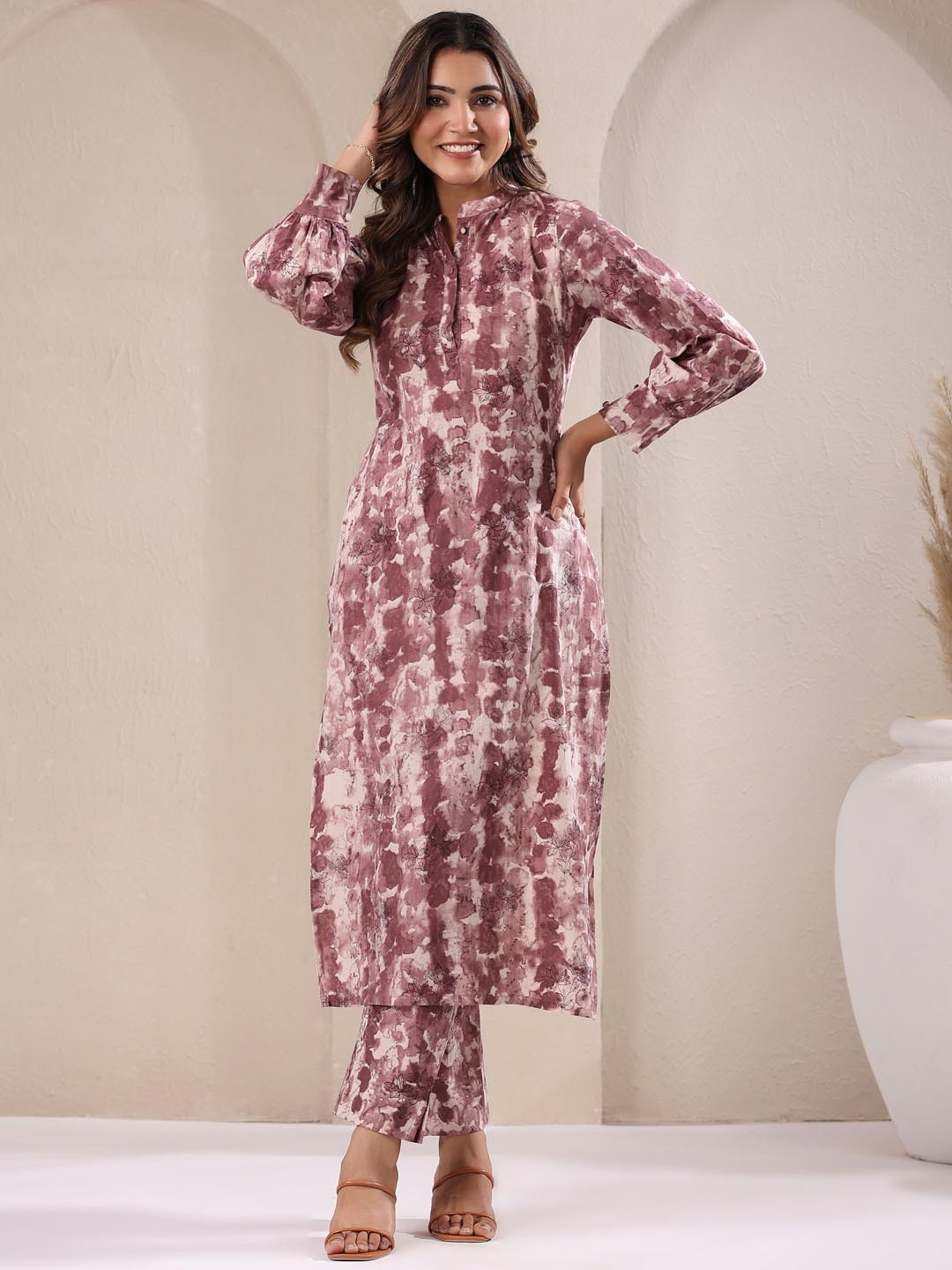 Janasya Women Mauve Pure Cotton Tie & Dye Straight Kurta Set