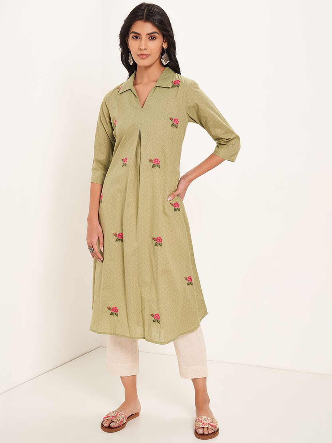 RANGMANCH BY PANTALOONS Chevron Printed Shirt Collar Thread Work A-Line Kurtas