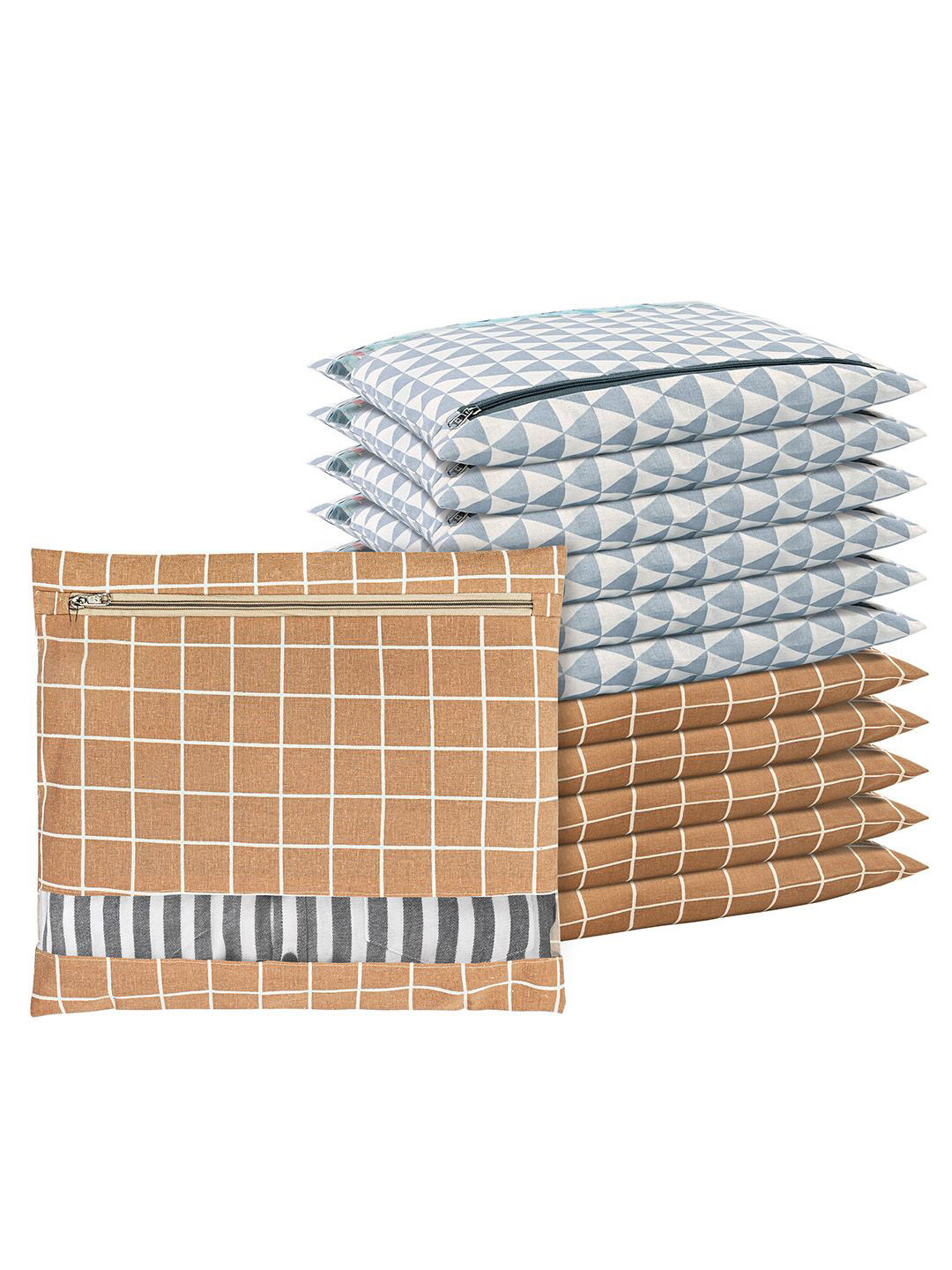 Kuber Industries Brown & Grey 12 Pieces Checked Mesh Cotton Clothes Organisers