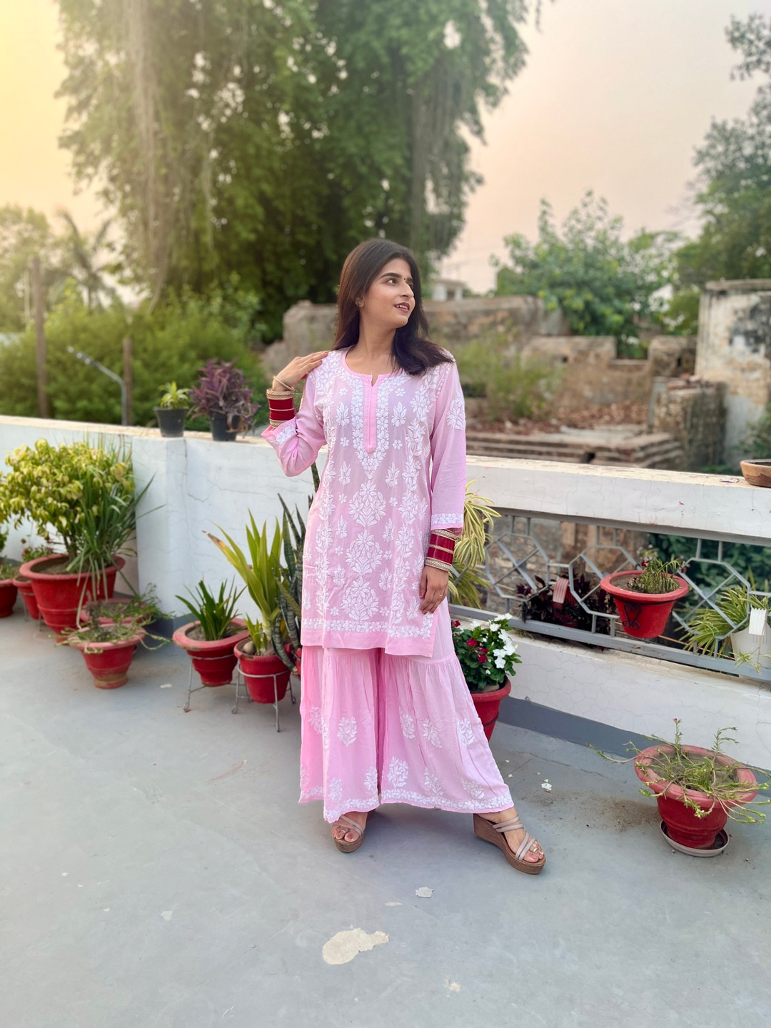 Everything In Chikankari Floral Embroidered Notch Neck Straight Kurta With Sharara