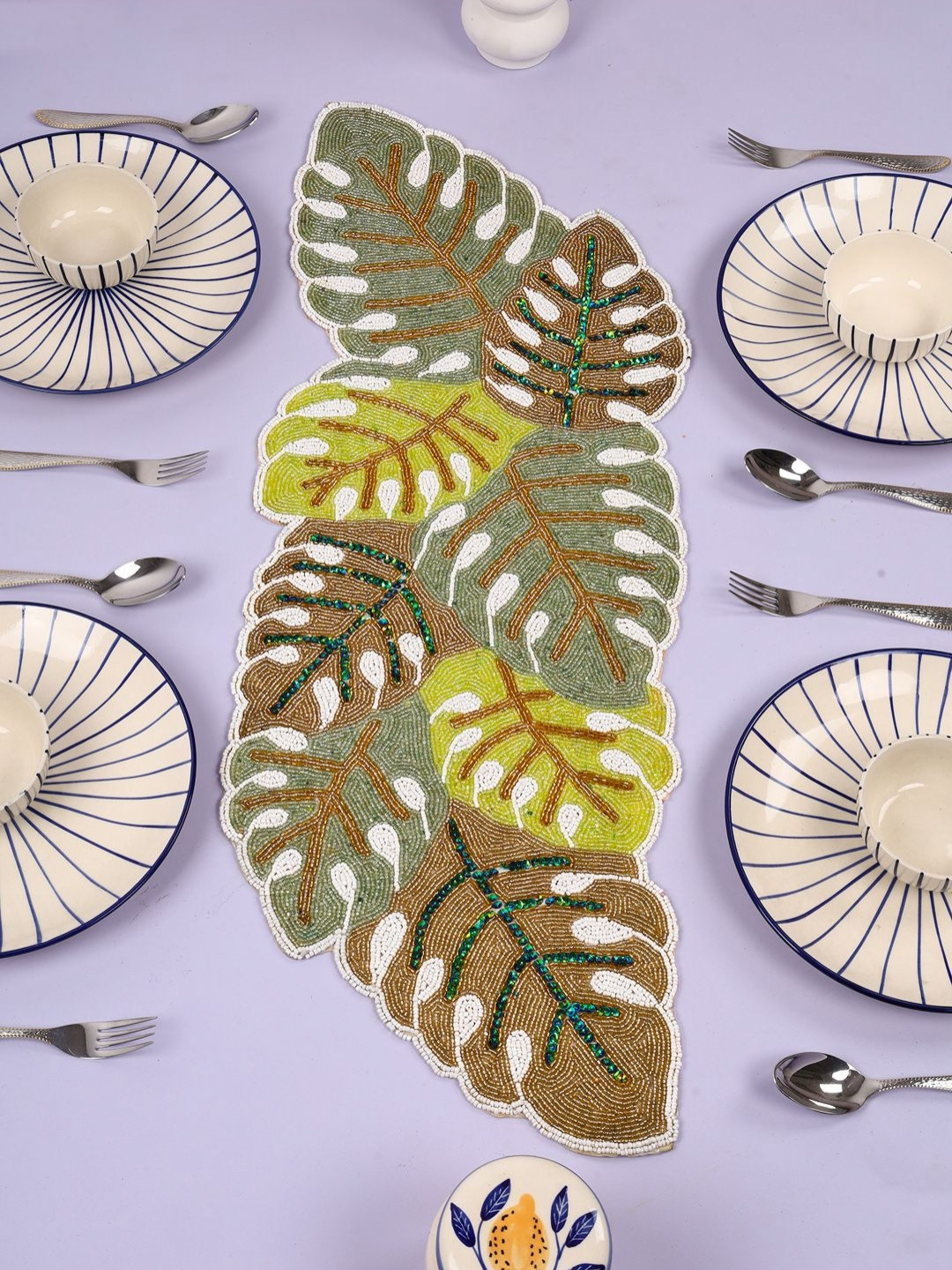 YWULY Olive Green & Brown Floral Embellished Beaded Dining Table Runner