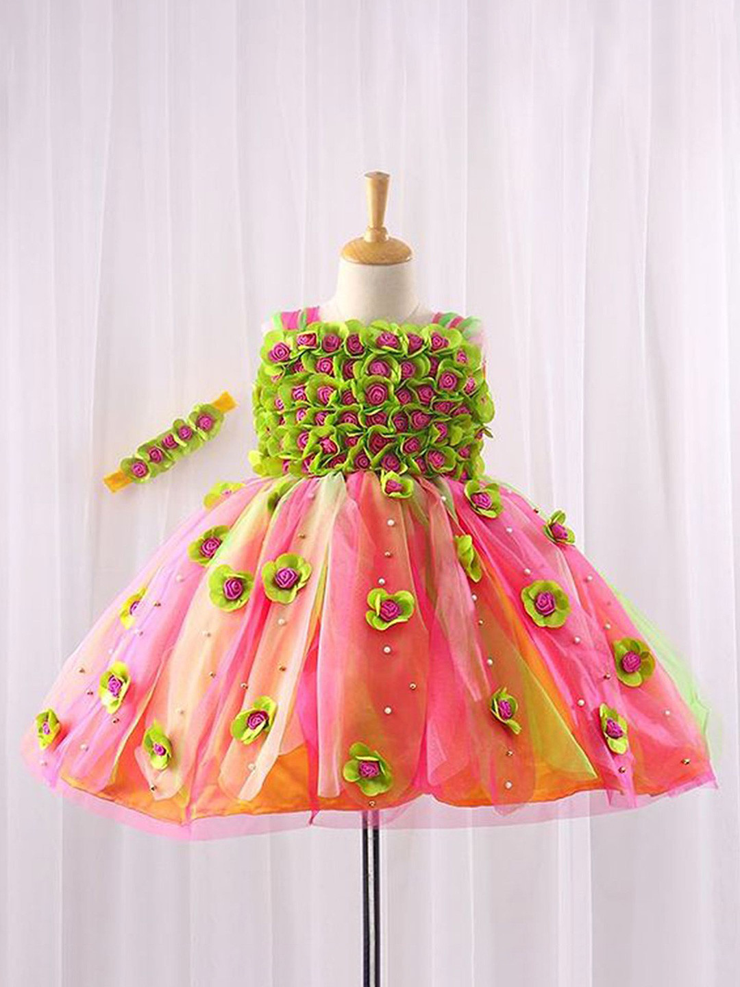 Li & Li Boutique Girls Lime Green and Pink Flower Frock With Multi Stripes
