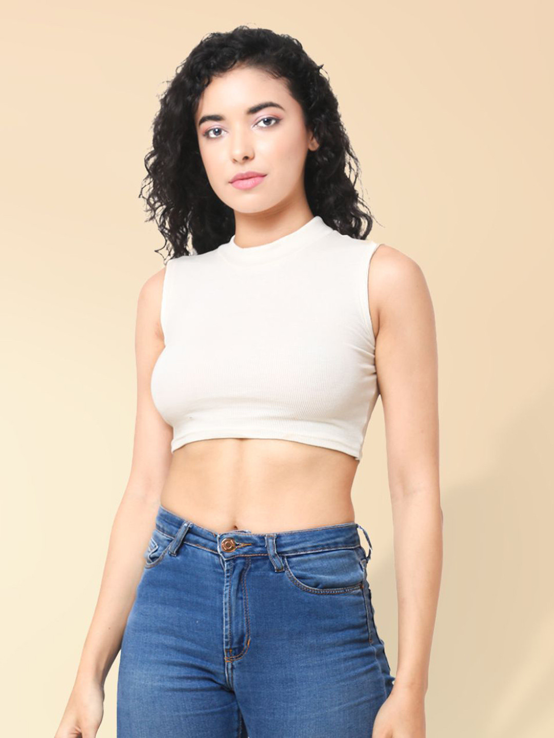 Sizi Women Cotton High Neck Sleeveless Tank Crop Top