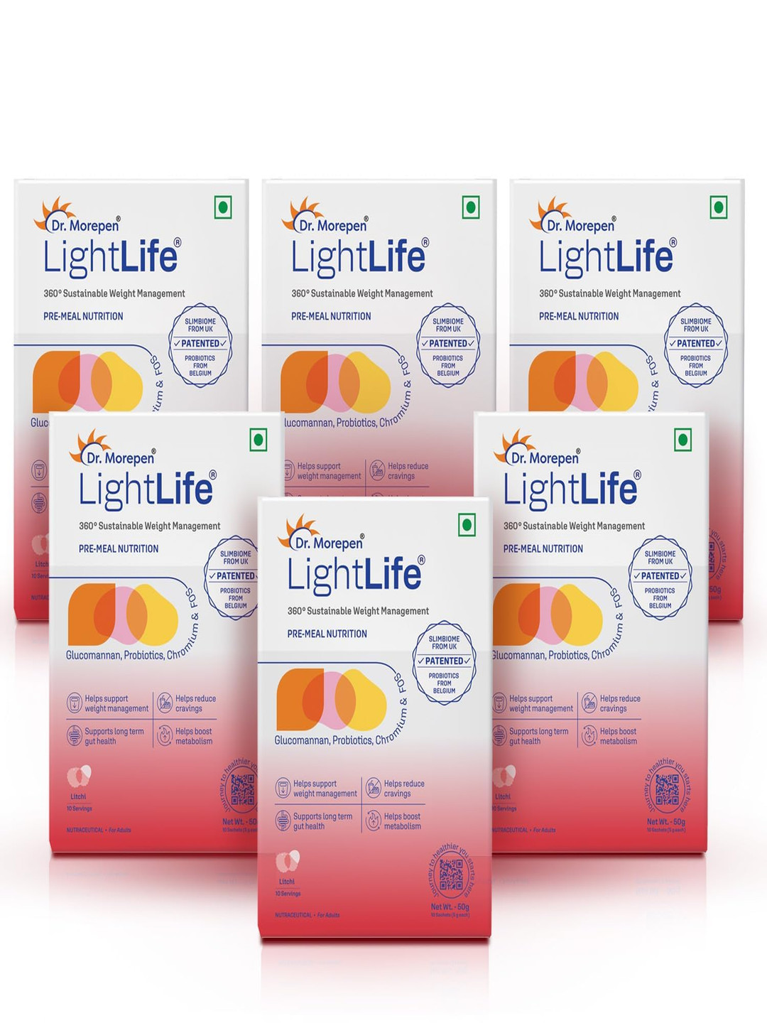 Dr. Morepen Set Of 6 LightLife Pre-Meal Nutrition Mix - Litchi - 10 Sachets Each