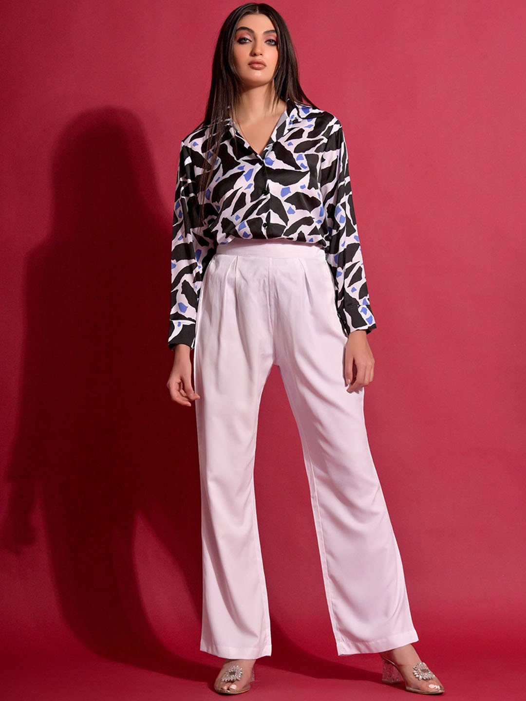 GARDEN PARTY Abstract Crepe Satin Shirt &Trousers Co-Ords