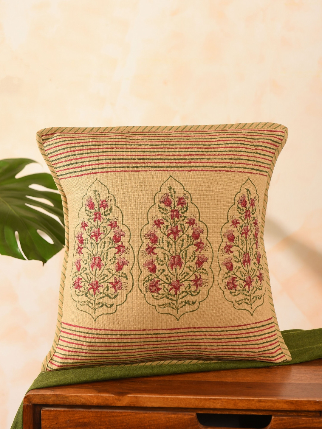 JAYPORE Beige And Pink Floral Cotton Square Cushion Cover
