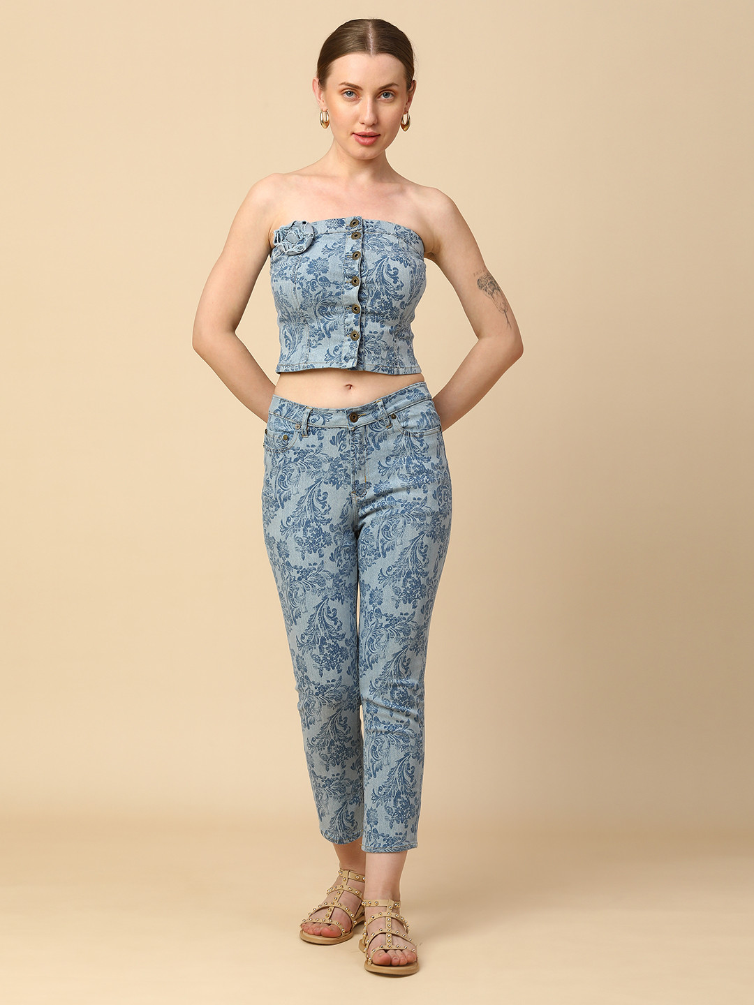 Chemistry Baroque Floral Printed Tube Denim Top & Jeans Co-ord set