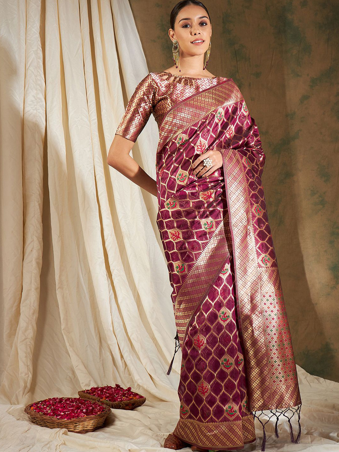 DEVATITHI Zari Burgundy Organza Silk Saree