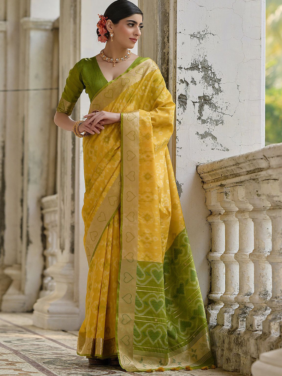 VISHNU WEAVES Cyber Yellow Woven Design Zari  Ikat Saree