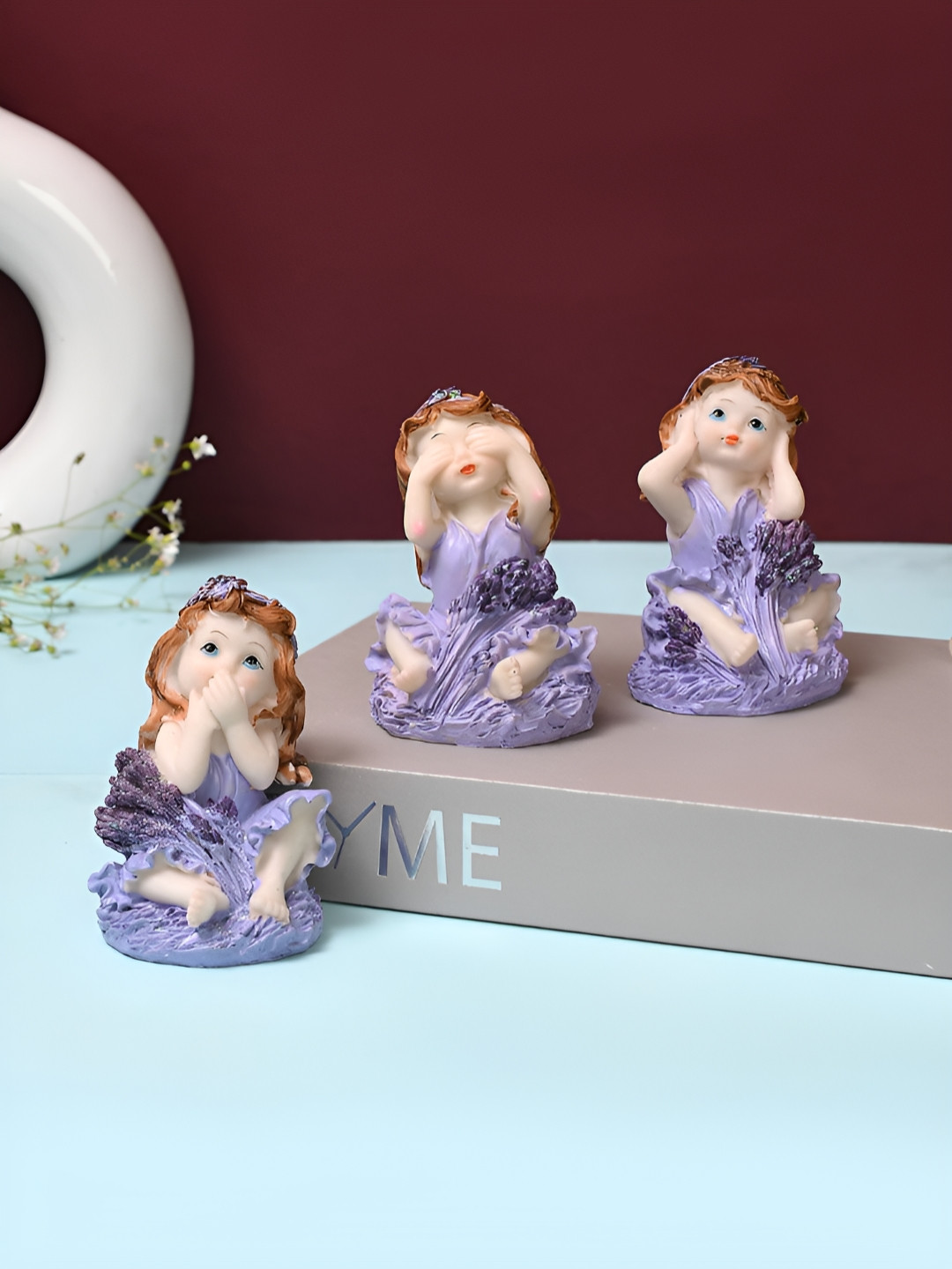 TAYHAA Angel Blue Resin Matte Living Room Set of 3 Small Showpieces - 3.7 Inches