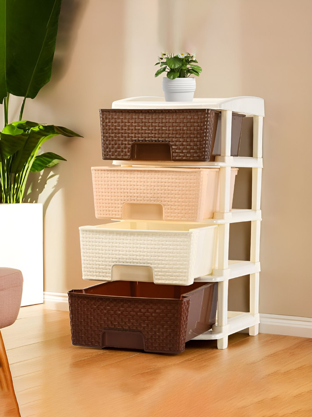 Kuber Industries Brown and White 4-Layer Plastic Modular Storage Kitchen Drawer