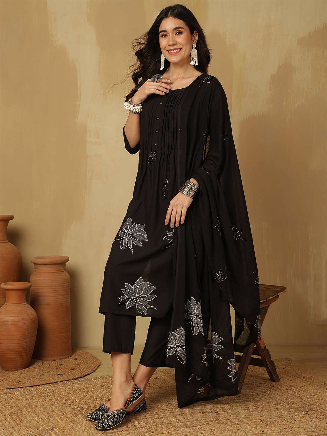 Sangria Printed A-Line Kurta With Trousers & Dupatta