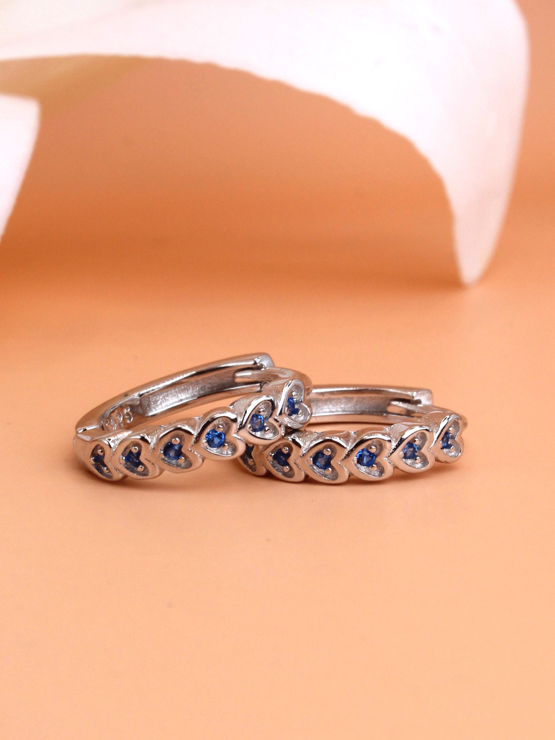 DEVASHREE 925 Silver Rhodium-Plated Sapphire CZ Studded Heart Huggie Shaped Hoop Earrings
