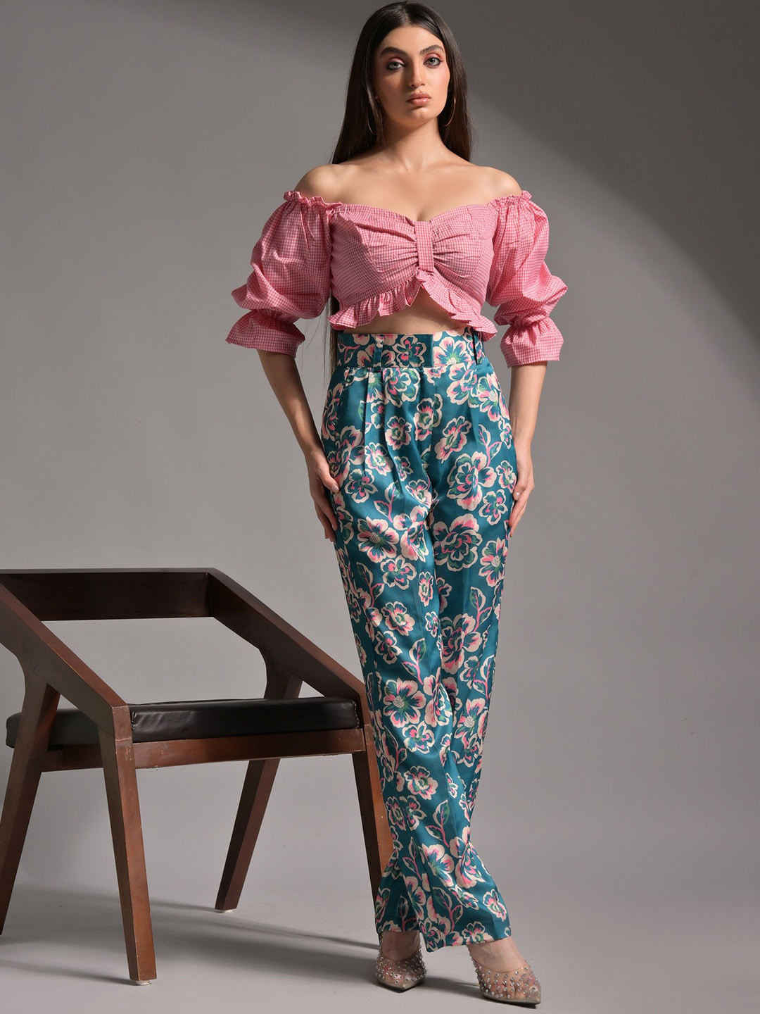 GARDEN PARTY Women's Gingham Top & Floral Trouser Set