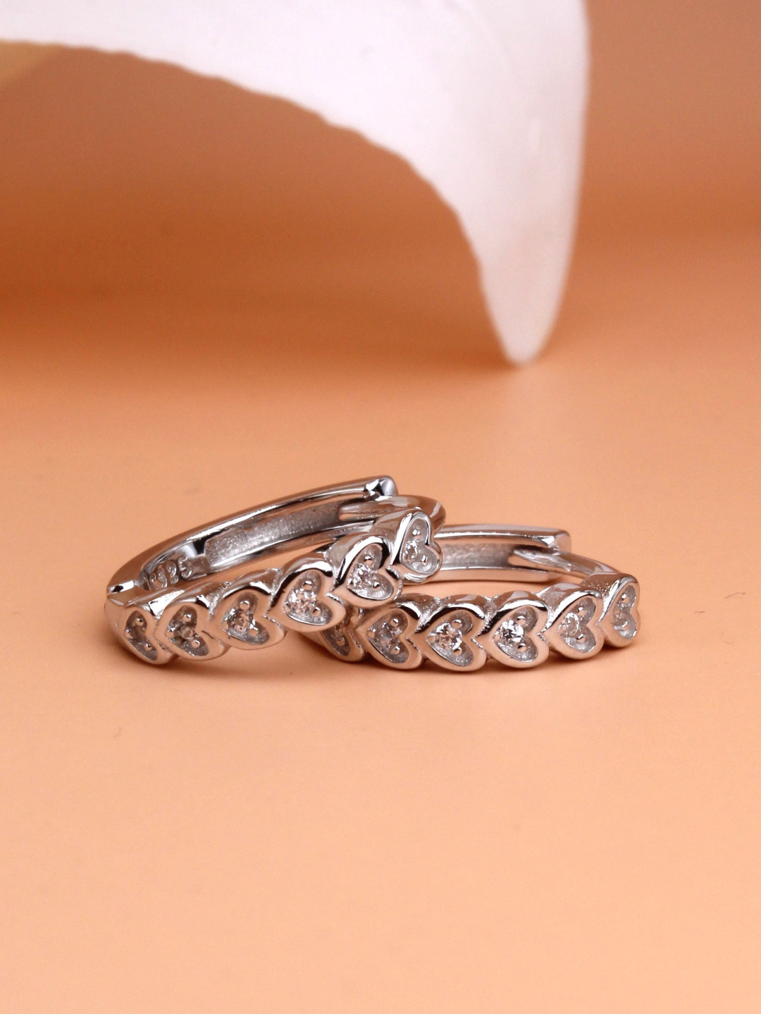 DEVASHREE 925 Silver Rhodium-Plated CZ Studded Heart Huggie Shaped Hoop Earrings