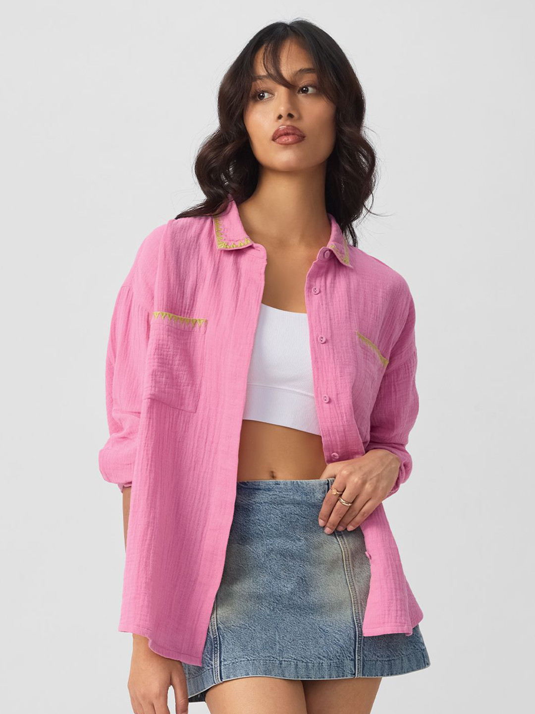 The Souled Store  Women Textured Shirt: Flamingo Pink Pink Oversized Fit Boyfriend Shirt