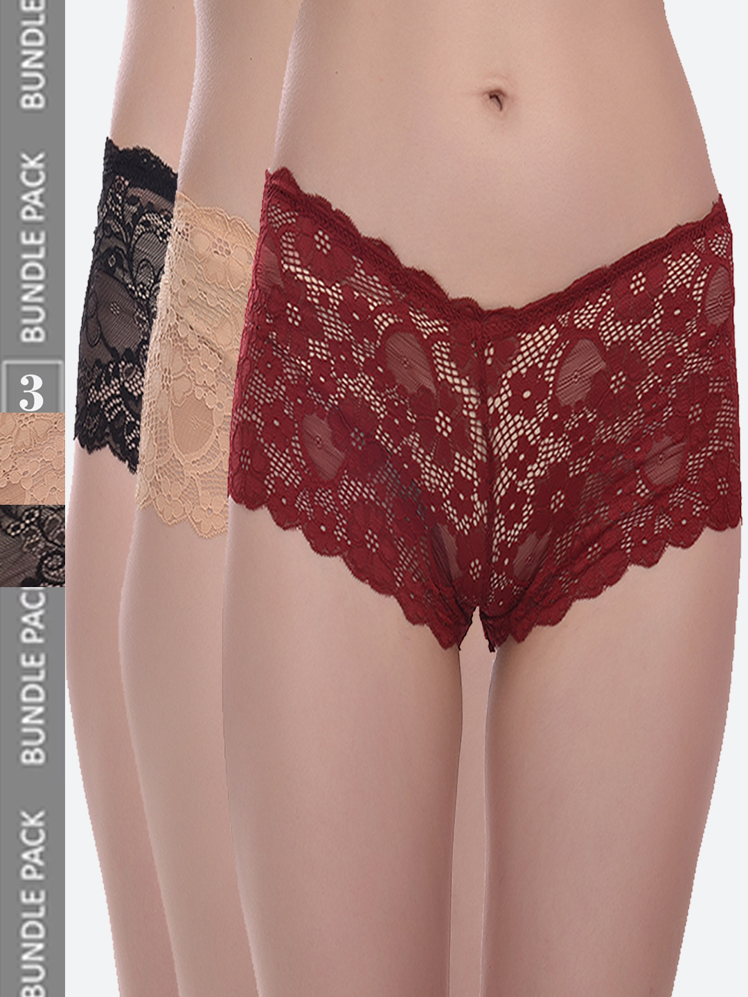 Fleurt Women Pack Of 3 Assorted Lace Boy Shorts Briefs