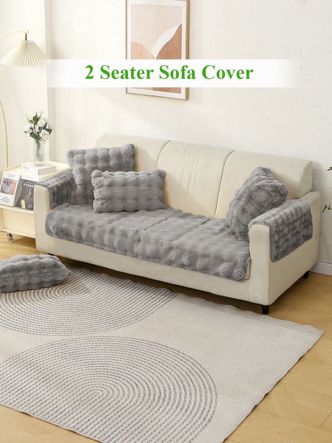 HOKIPO Grey Faux Fur 2 Seater Sofa Seat Mat & 2 Armrest Covers