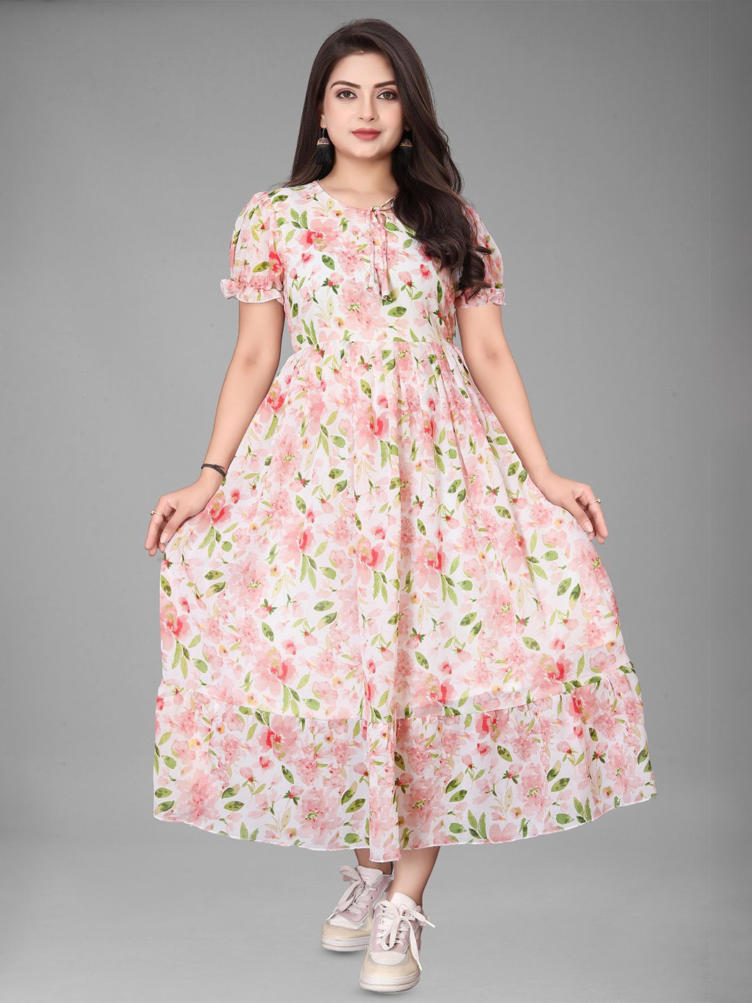 KRISHTI CREATION Women Puff Sleeve Georgette Fit & Flare Midi Dress