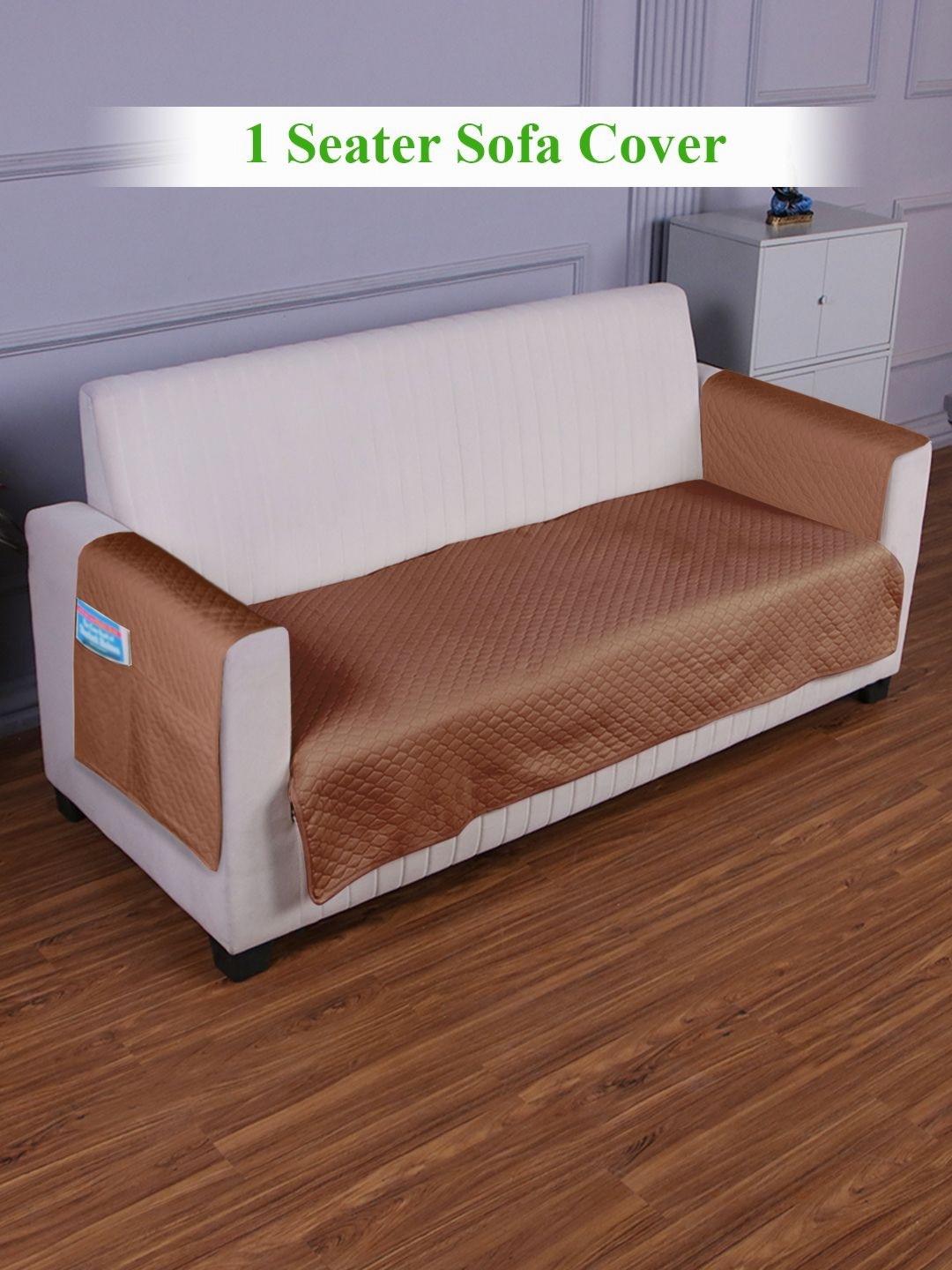 HOKIPO Brown 1 Seater Sofa Seat Mat With 2 Pc Arm Rest Cover