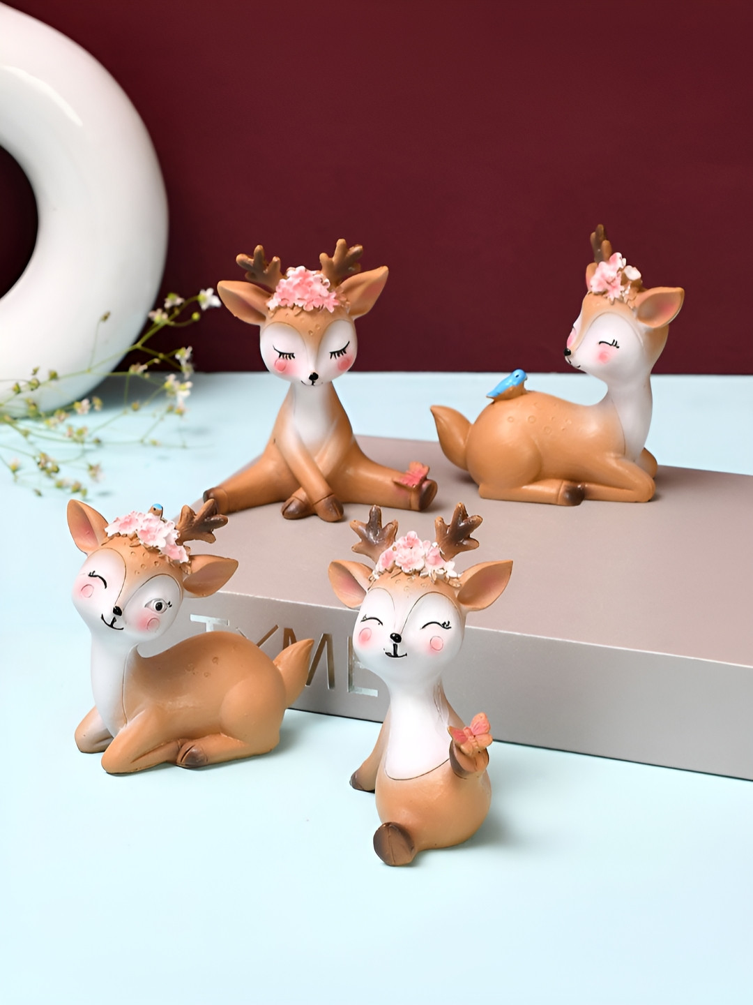 TAYHAA Deer Fairy Garden Pink Polyresin Matte Living Room Set of 4 Tiny Showpieces - 3.9 Inches