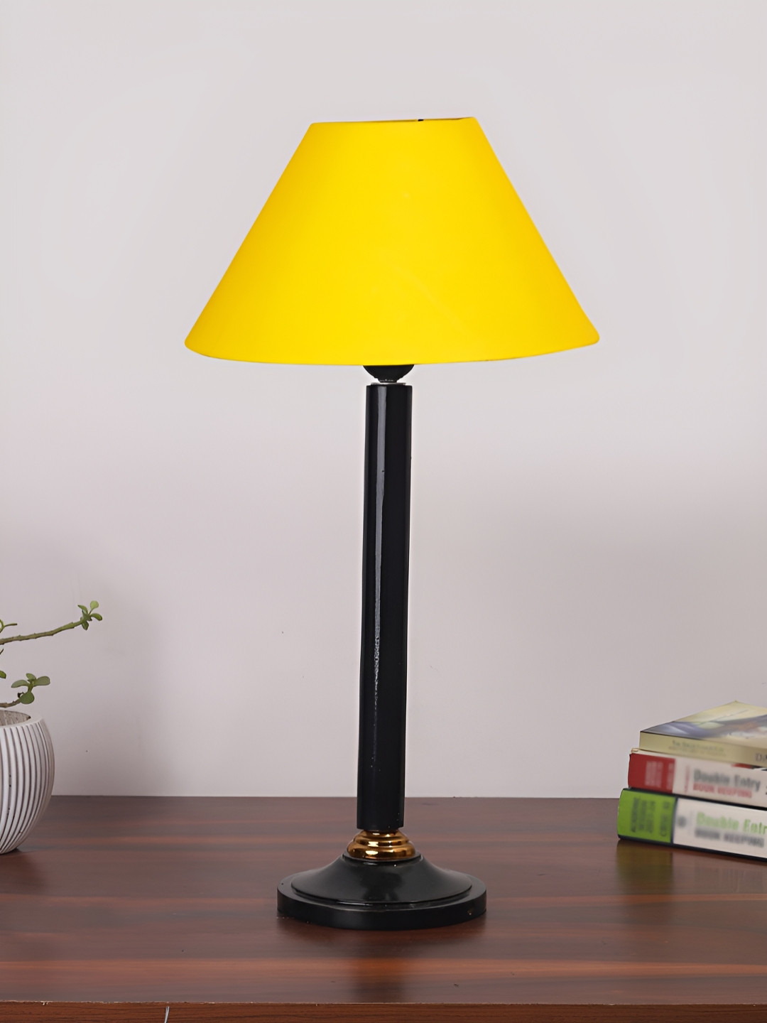 Devansh Yellow and Black Wooden Frusturical Shaped Table Lamp