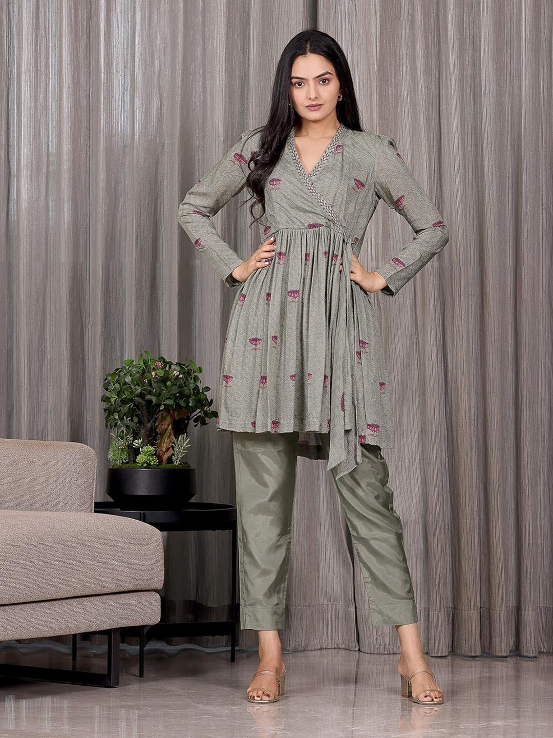 SUKRUTI DESIGN Padma Floral Printed V-Neck Peplum Wrap Pure Silk Top And Palazzos