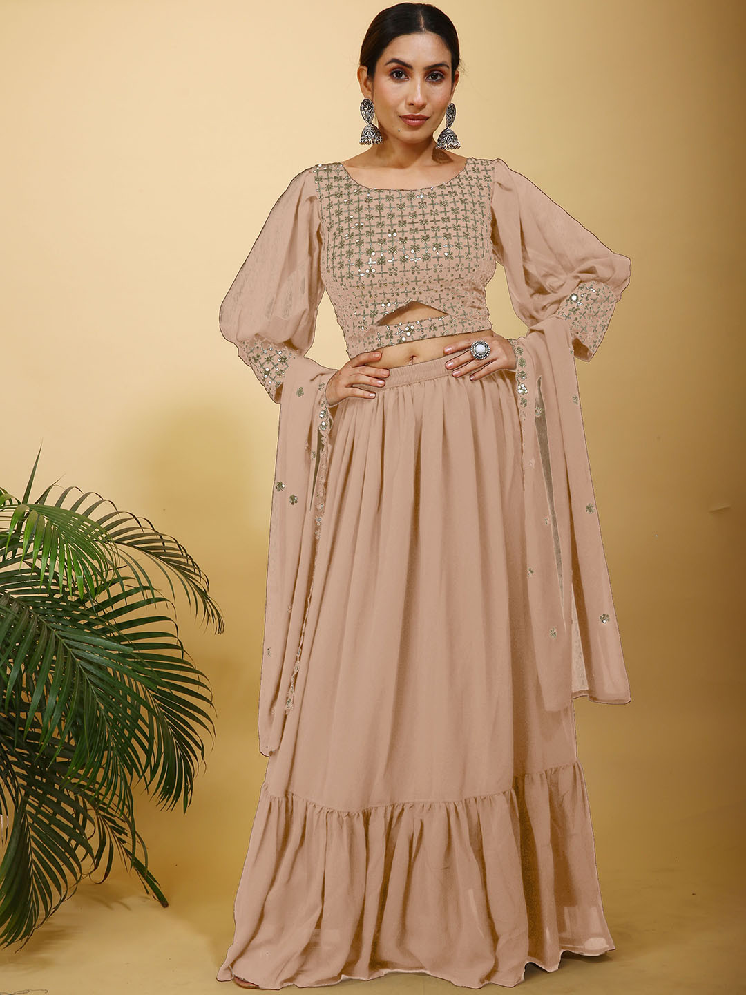SANCIA Floral Embroidered Sequins Lehenga With Blouse And Dupatta