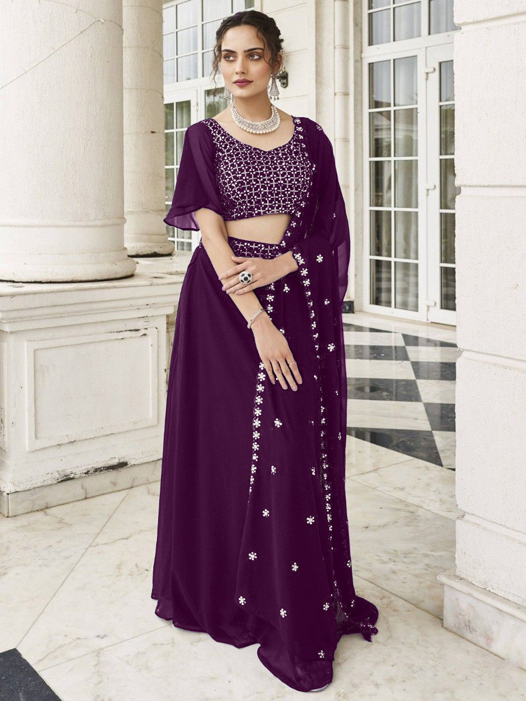 SANCIA Embroidered Sequins Top With Palazzos And Dupatta