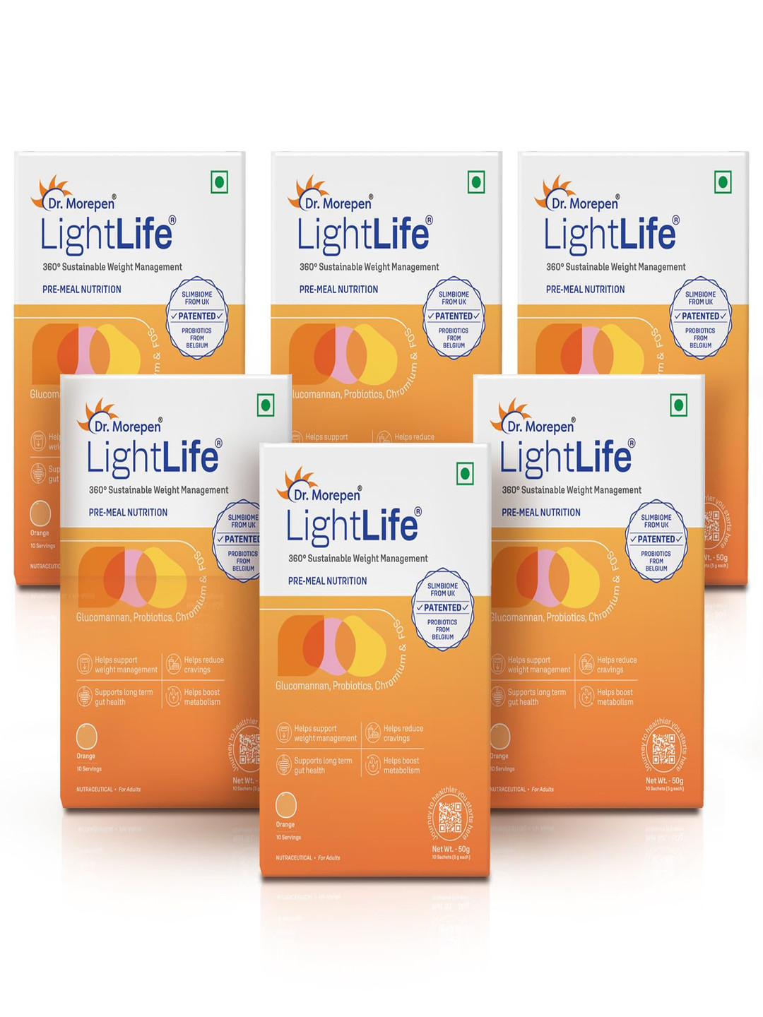 Dr. Morepen Set Of 6 LightLife Pre-Meal Nutrition Mix - Orange - 10 Sachets Each
