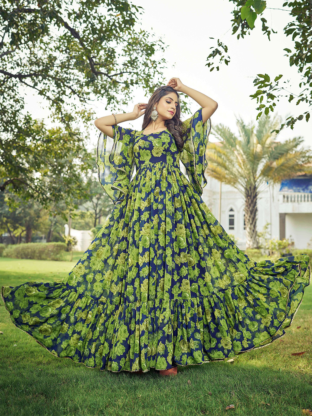 CHANSI Floral Print Bell Sleeve Georgette Fit & Flare Maxi Dress