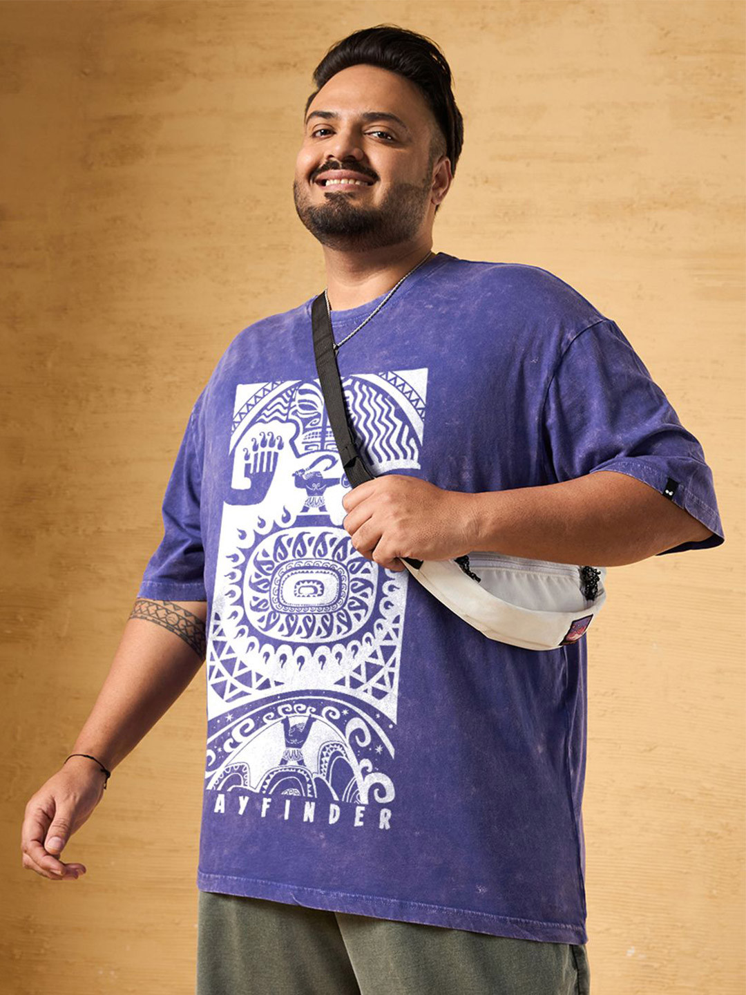 Bewakoof Plus Official Disney Men's Moana Graphic Printed Oversized Acid Wash T-Shirt