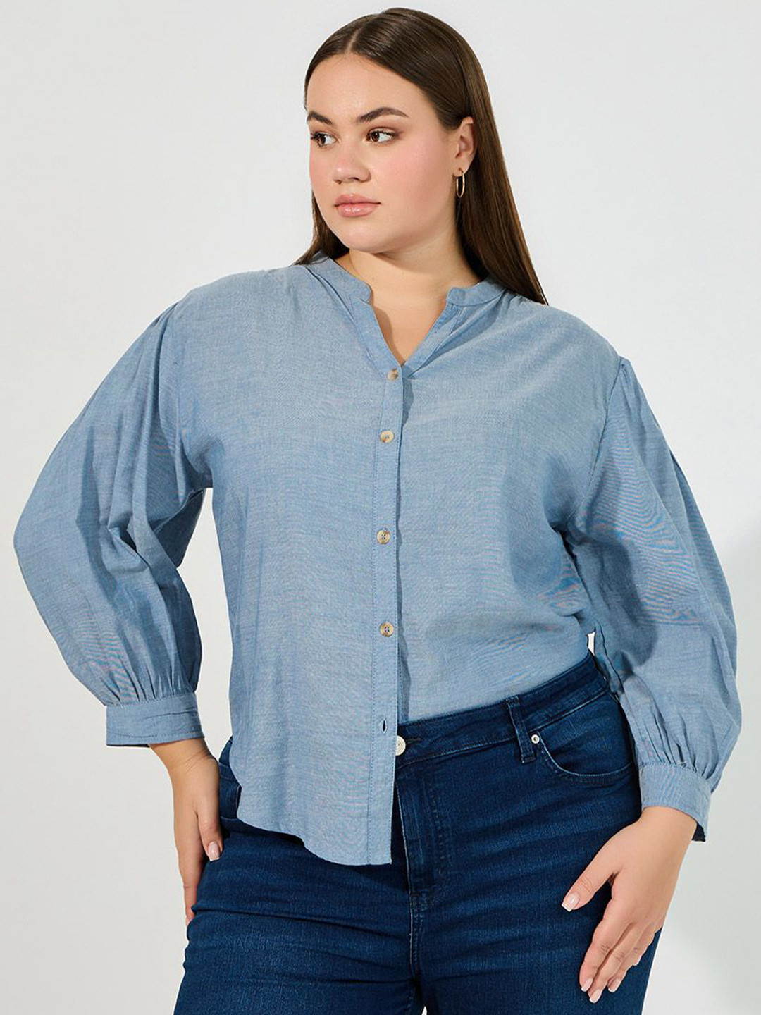 Styli Women Plus Cotton Chambray Stand Collar Shirt