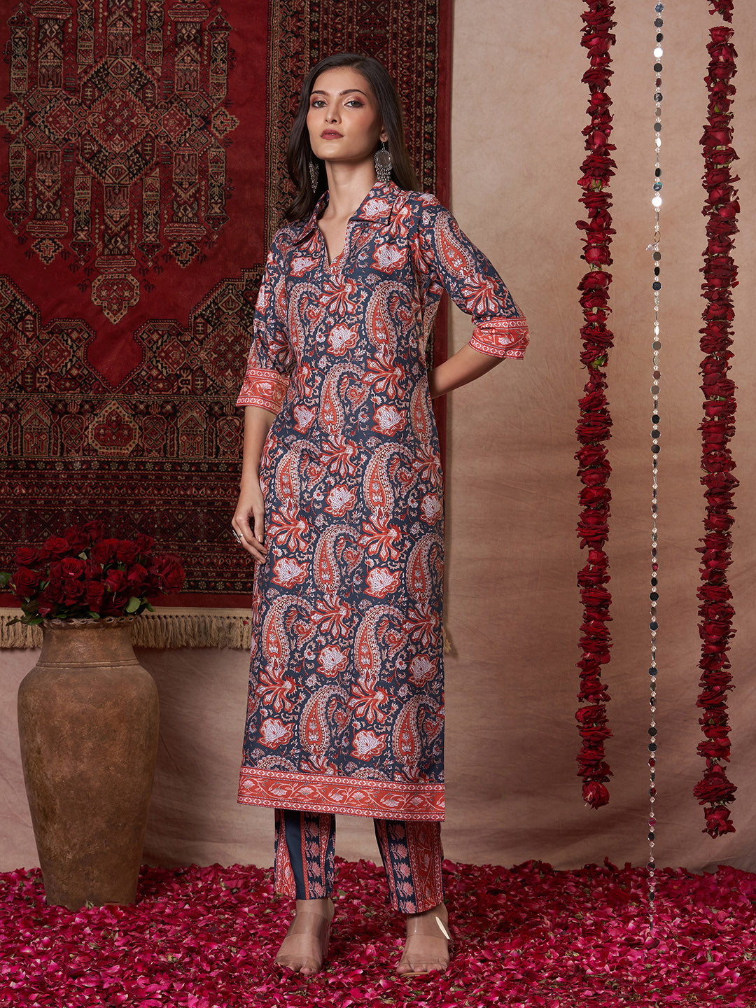 Anni Designer Paisley Printed Shirt Collar Straight Kurta with Trousers