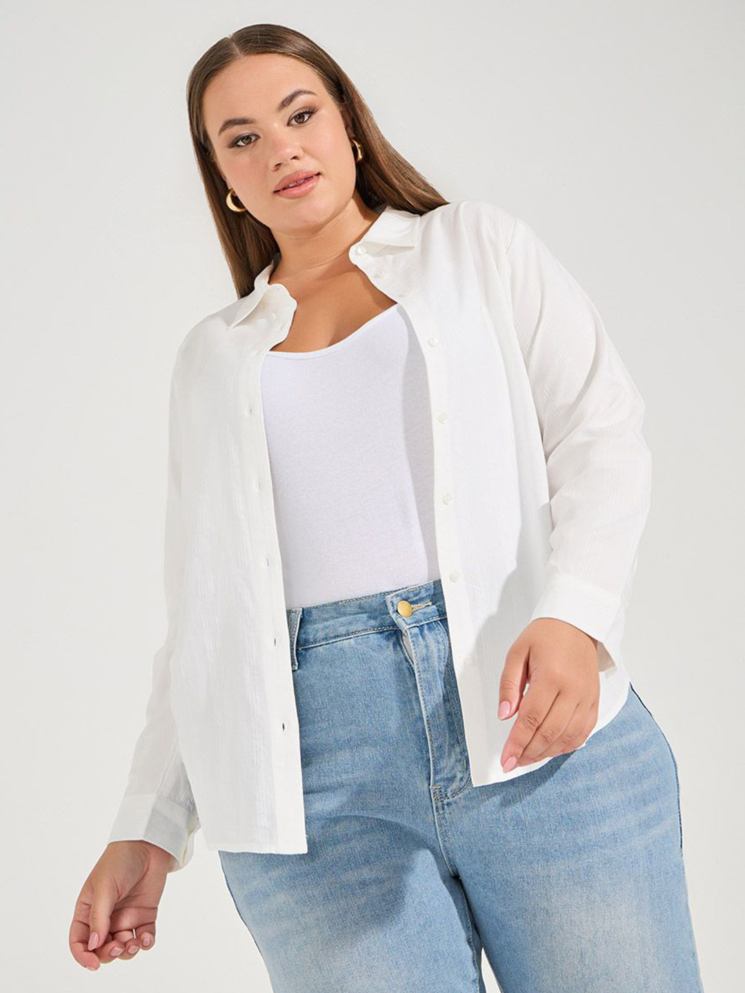 Styli Women Plus Size Solid White Cotton Dobby Button Down Casual Shirt
