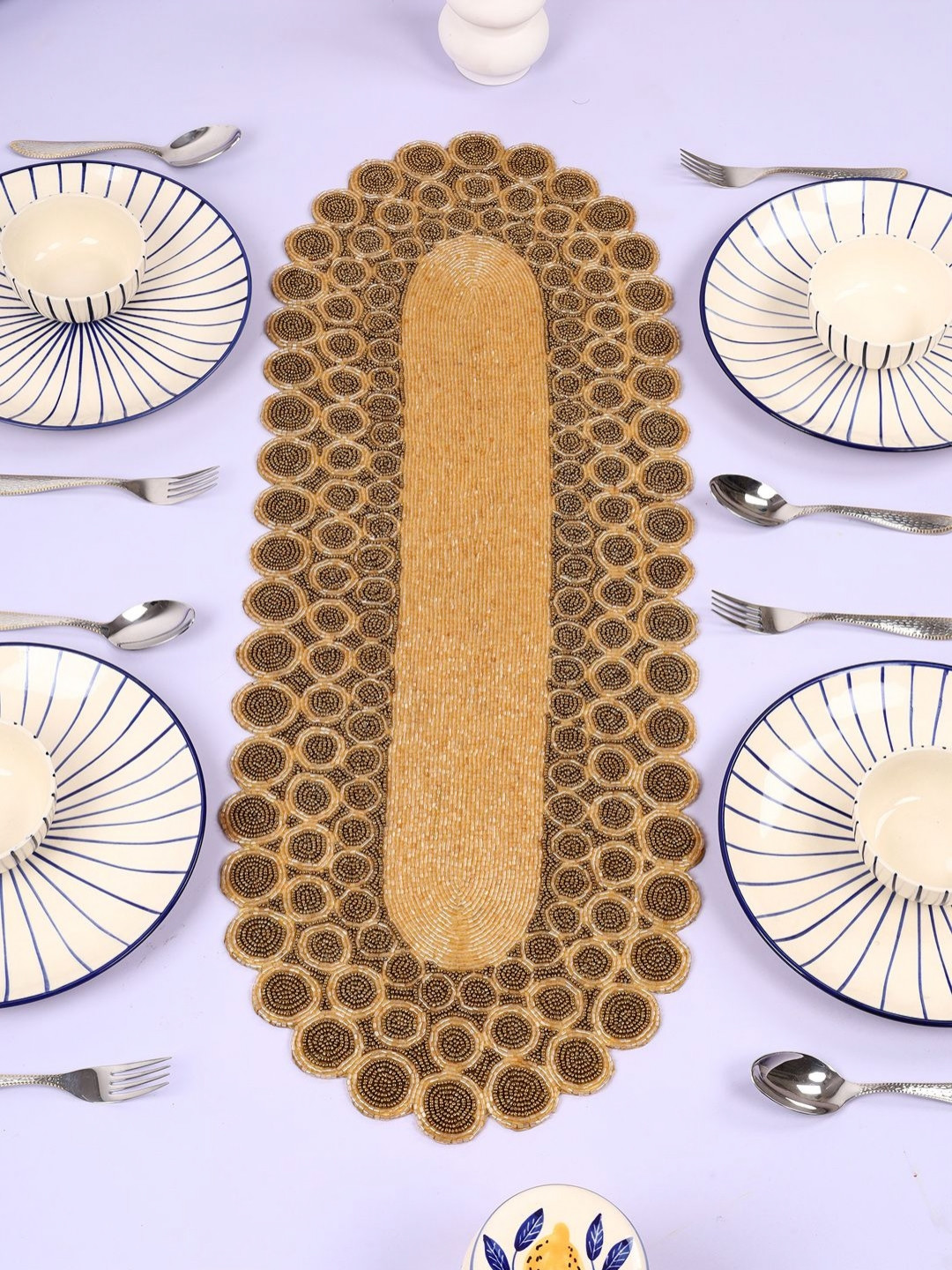 YWULY Brown & Gold Toned Embroidered Beaded Table Runner